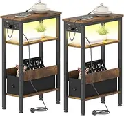Ufurniture Set of 2 Side Table with Charging Station, Narrow End Table with LED Light, Bedside Table with 1 Topless Drawers & Open Shelf for Living Room, Bedroom Small Place, Walnut