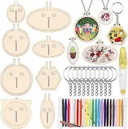 Swpeet 20Pcs Mini Embroidery Hoop Kit with Key Rings, Thread and Scissors, Wooden Mini Crossing Stitch Hoop Small Display Frame Ideal for Art Craft Sewing and Hanging Ornaments Home Decor