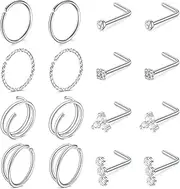 [LAURITAMI] Nose Studs Nose Rings Stainless Steel Thin L-Shaped Nose Stud Double Hoop Nose Rings Silver Set Diamond 20G Nose Piercing Jewellery