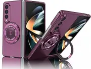 [Asuwish] Phone Case for Samsung Galaxy Z Fold 4 5G 2022 Cover and Magnetic Ring Holder Stand Slim Hard Hybrid Cell Accessories Protective ZFold4 Z4 Fold4 4Z ZFold45G Wireless Charger Women Men WineRed