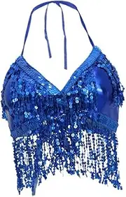 [Frediuo] Belly Dance Bra Top with Fringe and Adjustable Straps, Blue