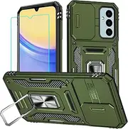 for Samsung A15 Phone Case with Screen Protector and with Camera Cover, 360°Military Grade Rotatable Kickstand (Heavy Duty) Shockproof Protective, Case for Samsung Galaxy A15 case 4G/5G (Olive Green)