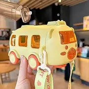 Water Cup In Bus Shape With Strap 16.9 Oz, Infinitne Portable Water Cup, 360° Leak-Proof Bounce Flip Top Straw Water Bottle, Bounce Flip Top Straw Water Bottle For Kids(Yellow)