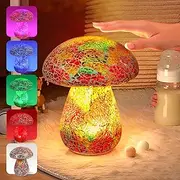 GOESWELL Mosaic Table Mushroom Lamp for Room: Rechargeable Cordless Bedside Lamp with Hand-Crafted Stained Glass for Any Space - Cute Nightstand Lamp with 5 Colors 2 Mood Lighting for Kids