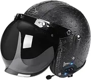 Leather Motorcycle Helmet, Bluetooth 3/4 Motorcycle Helmet, Open Face Scooter Half Helmet, Vintage Motorbike Helmet DOT/ECE Certified Men Women Four Seasons Crash Helmet C,M=57-58CM