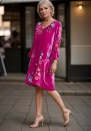 Johnny Was Sz XL Hot Pink Velvet Embroidered Shift Tunic Mini Dress FUSCIA NWT