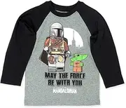 [LEGO] Star Wars The Mandalorian Boys Long Sleeve T-Shirt Tee (10-12, Gray), Grey/Black