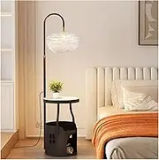 Indoor Floor Lamps End Table Lamp with Table, Modern Nightstand or Side Table with USB Port and Wireless Charging Station for Bedroom, Living Room, Office Standing Lamp(Black)