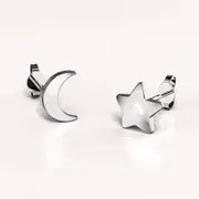 Solid 925 Sterling Silver Crescent Moon and Star Stud Earrings