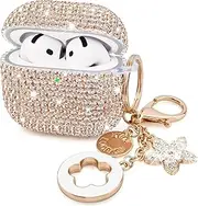 Cute Jewelry Case Compatible Airpods 4 Cases 2024 Cover Women, Hard TPU Airpod Case 4th Generation Glitter iPods 4 Case with Bling Keychain for iPods Earbuds Airpods 4 【Champagne Gold】