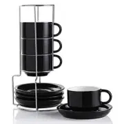 Set of 4 4oz Espresso Coffee Cups with Saucers and Storing Rack Stand