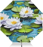 [RPLIFE] Umbrella for Rain, Lightweight Portable Auto Open Close for Women, Travel Umbrellas for Rain, Wind and Sun, Elegant White Lotus Flowers