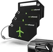Untethered Luggage Tag Set | 4 Pack Flexible & Bright Silicone Baggage Tags for Travel & Suitcases. Includes Name Cards with Partial Privacy Cover & Stainless Steel Loops for Secure Fastening (Black)