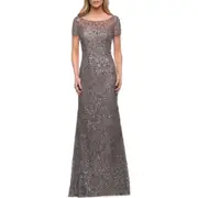 La Femme Sequin Short Sleeve Sheath Gown in Taupe Grey/Silver at Nordstrom, Size 12