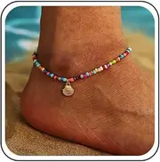[Cybche] Boho Rainbow Beads Anklet Bracelet Colourful Seeds Pearl Anklet Gold Scallop Dangle Anklet Summer Beach Rainbow Rice Pearl Foot Chain Jewellery for Women