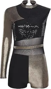[Loodgao] Women Gymnastics Unitard Ballet Dance Leotards Metallic One-shoulder Sleeve Jumpsuits with Sequins