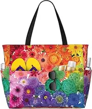 [Ghjkfbf] Rainbow Flowers Print Large Capacity Beach Travel Bag For Family, Beach Tote Bag For Women With Zipper Pockets, Black, One Size