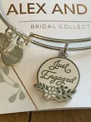 NWT Alex and Ani~Bridal "JUST ENGAGED" Charm Bangle Shiny Silver Bracelet w/Card