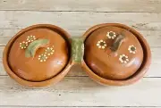 Terracotta Salsa Holder 2 Trays with Lid Salsero de 2 Cazuelitas con Tapa Barro