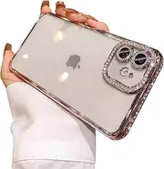 Beownest Clear Case for iPhone 11, Cute Bling Crystal Aesthetics Phone Case Sparkle Diamond Glitter Shockproof Cover for Women Girls -Pink