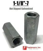 1-1/8"-7 x 3" Coupling Nuts Hot Dip Galvanized Rod Hex Long CHOOSE QTY