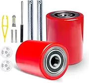 Pallet Jack/Truck Load Wheels Full Set with Axles and Entry Exit Roller 3" x 3.75" with Bearings ID 20mm Poly Tread Red