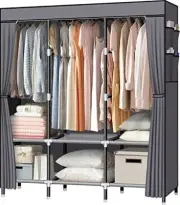Portable Closet, 61-Inch Portable Wardrobe with 3 Hanging Rods and 6 Grey