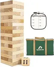 ApudArmis Giant Tumble Tower, 54 PCS Pine Wooden Toppling Tower Game with 1 Dice Set - Classic Block Stacking Game for Kids Adults Family (Storage Bag Including)