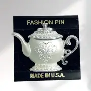 Vintage Teapot Brooch Silver Tone Metal Pin Kettle Tea Pot Jewelry USA Made