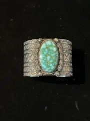 Navajo Kevin Ramone Kingman Turquoise Stamped Bracelet Sterling Silver 6 3/8”