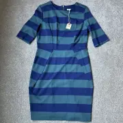 Fossil Medium Blue Rugby Striped Short Sleeve Sheath Dress Crew Neck Back Zip