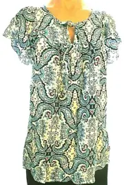 New St. John's Bay Medium blue multicolor cap sleeve keyhole neck blouse