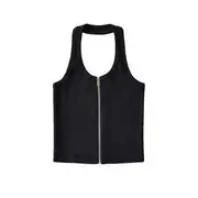 Halter Zip-Up Open Back Ribbed Plain Crop Top Black - S