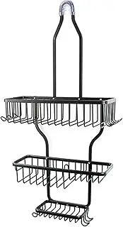 Aluminum Over Shower Head Caddy, Hanging Shower Organizer Storage, Rustproof Bathroom Shelf with Hooks, No Drilling Space-Saving Storage for Shampoo, Shower Rack with Soap Basket (Black)