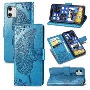 For iPhone 12 / 12 Pro Case, Butterflies Love Folio PU Leather Case, Card Slot, Wallet, Lanyard, Blue