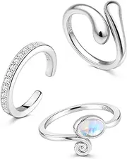 [FANCH] 3PCS 925 Sterling Silver Toe Rings for Women Hypoallergenic Adjustable Band Tail Open Minimalist Teardrop Zircon Moonstone Toe Rings Summer Beach Foot Jewelry Set