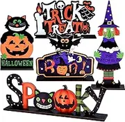ELECLAND 5 Packs Wooden Halloween Centerpiece Signs Halloween Table Decorations, Trick or Treat Table Signs with Witch Pumpkin Table Toppers for Halloween Decorations Home Decor