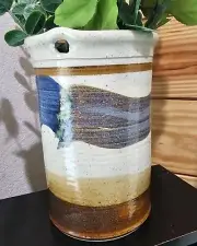 Signed Studio Pottery Vase Cream Blue Brown 7"