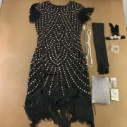 Women's Size XL Black Gold Sequin Fringe Flapper Dress & Accessory Set 9 Pieces