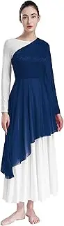 [Vxuxlje] Women's One Shoulder Praise Dance Dress Lace Patchwork Asymmetrical Tunic Dress Overlays