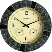 AudLee 35cm Indoor/Outdoor Faux Slate Wall Clock with Thermometer & Hygrometer – Waterproof, Battery Operated, Silent Sweep Movement – for Patio, Home, or Garden (Dark Grey/Black Frame)