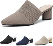 [NourIron] Women’s Knit Mesh Backless Chunky Heel Mules Closed Pointed Toe Slip On Mid Block Heel Dress Pump Sandals Summer Breathable Office Daily Slippers