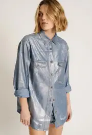 One Teaspoon Women’s Everyday Denim Shirt Sz XS Oversized Metallic Shredded