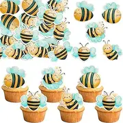 Ephlyn 60Pcs Edible Bumble Bee Cupcake Toppers Wafer Paper Honey Bee Party Cake Decorations Edible Oh Babee Cupcake Picks for Bee Theme Baby Shower Birthday Party Food Decorations Supplies