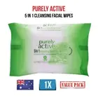 Purely Active 5 in 1 Cleansing Facial Wipes Make Up Wipe 25Pcs per Pack NEW