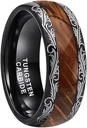 [TUTISS] 8mm Black Tungsten Rings for Men Women Whiskey Barrel Wood Inlay Vintage Baroque Frame Leaf Engagement Wedding Promise Band Domed Polished Shiny Comfort Fit