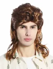 Wig Ladies Men's Carnival Mullet 80er Years Chav Braun Backcombs Wavy