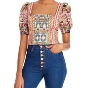 Alice + Olivia Margarite Tie Front Cropped Puff Sleeve Crop Top Size Large NWT