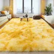 Soft Fluffy Rug for Living Room 4x6 Tie-Dyed Yellow Shag Area Rug for Bedroom