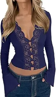 [CSDAJIO] Women's Long Sleeve Lace Tops for Women Deep V Neck Button Up Open Front Sexy Going Out Slim Fit Shirt